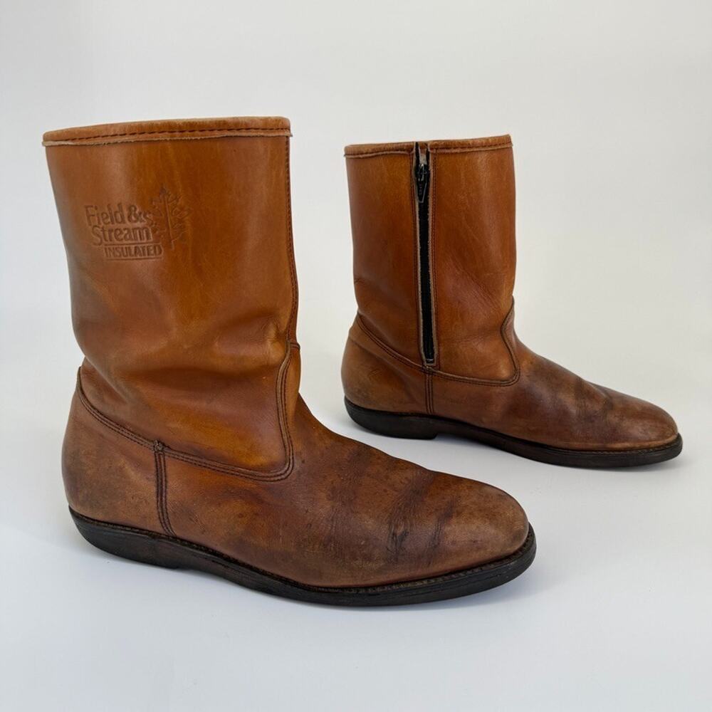 Vtg Field And Stream Boots Mens 9.5 C Insulated Leather USA Made Work Zip Brown